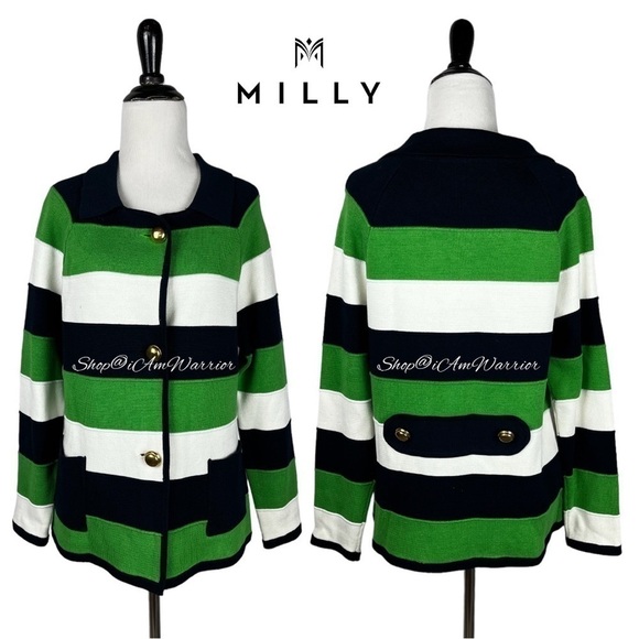 Milly NWT rare emerald, navy & off white striped cotton-silk cardigan/jacket - Picture 2 of 8